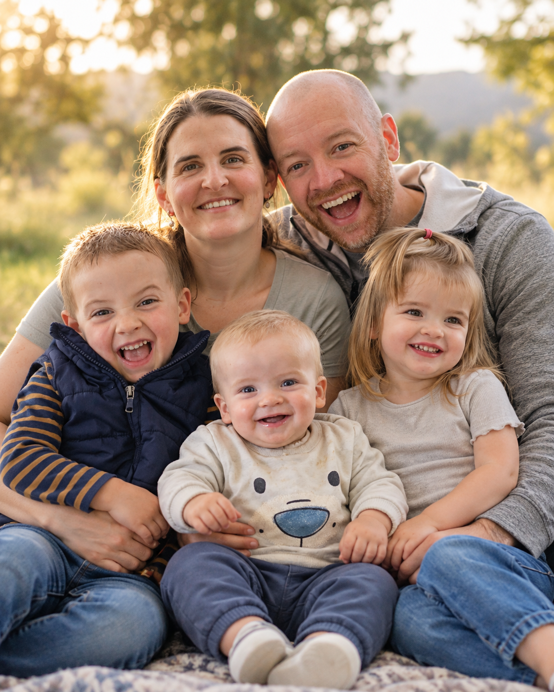 The DalFam: mum, dad and the three kids smiling together on a picnic rug at sunset