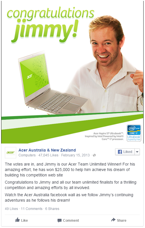 Acer Australia & New Zealand Facebook post from February 2013 congratulating Jimmy as the Acer Team Unlimited winner
